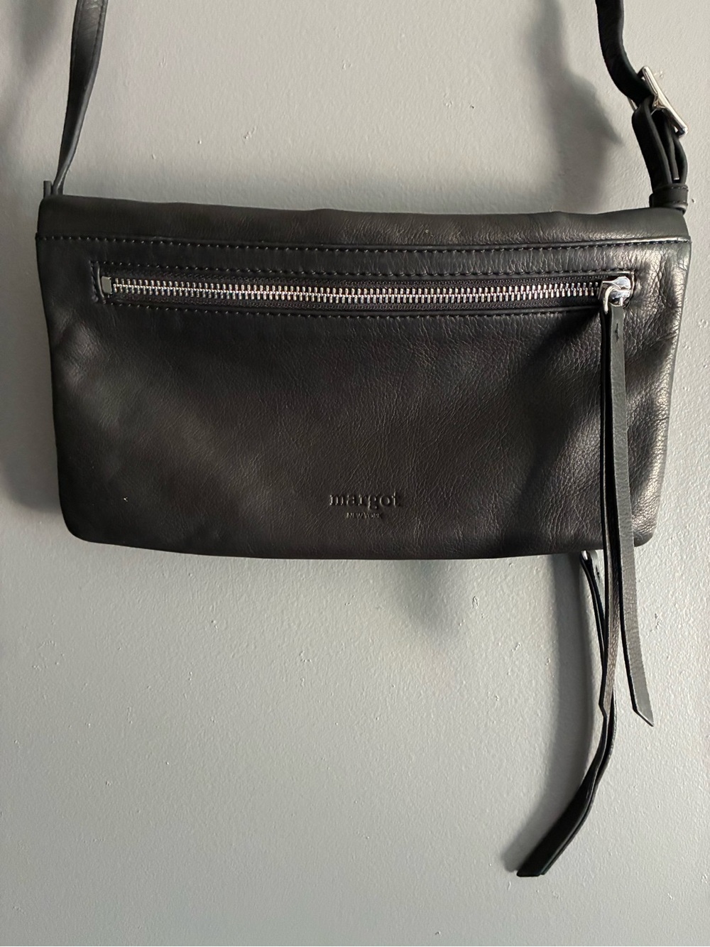 margot Black Leather Zip Front Fold Over Crossbody Minimalist Leather Bag